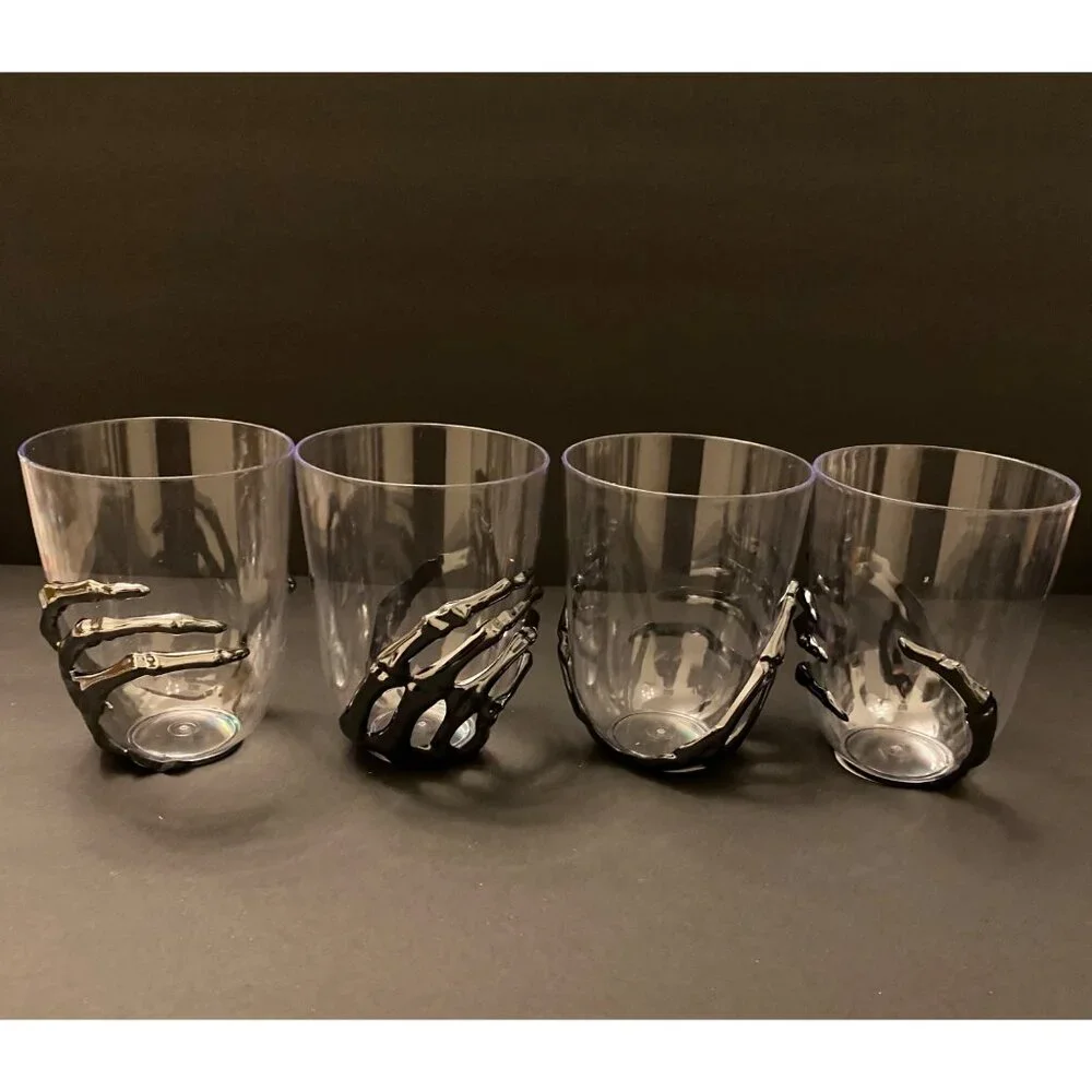 Set of 2 Metallic Silver look 3D Skeleton Hand Goblet & Cup w/ Spider Web Base